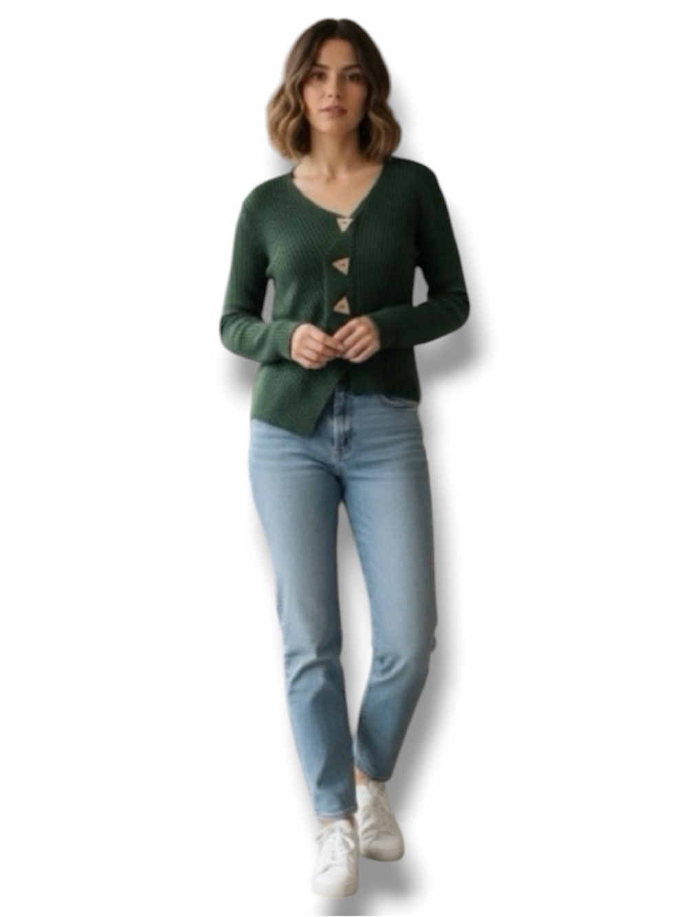 PUTORTI Vintage 80s 90s Sweater Forest Green Ribbed Asymmetrical Cute Buttons L